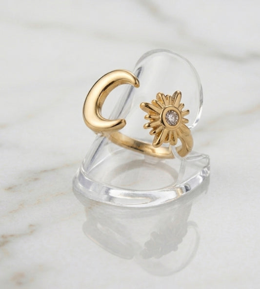 Bague "Cosmos" – Duo Lune & Soleil en Acier Inoxydable Doré
