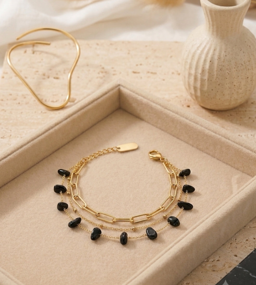 Bracelet "Mystic Obsidian" – Acier Inoxydable doré & Obsidienne noire