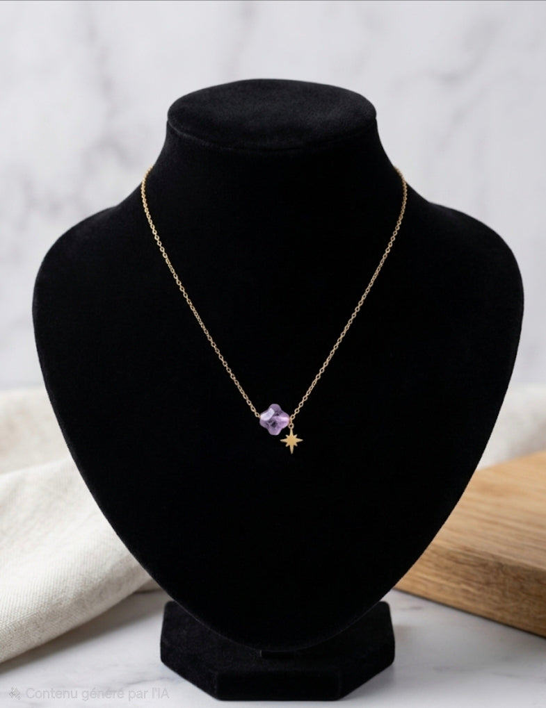 Collier "Améthyste Céleste" – Acier Inoxydable doré & Améthyste