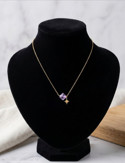Collier "Améthyste Céleste" – Acier Inoxydable doré & Améthyste